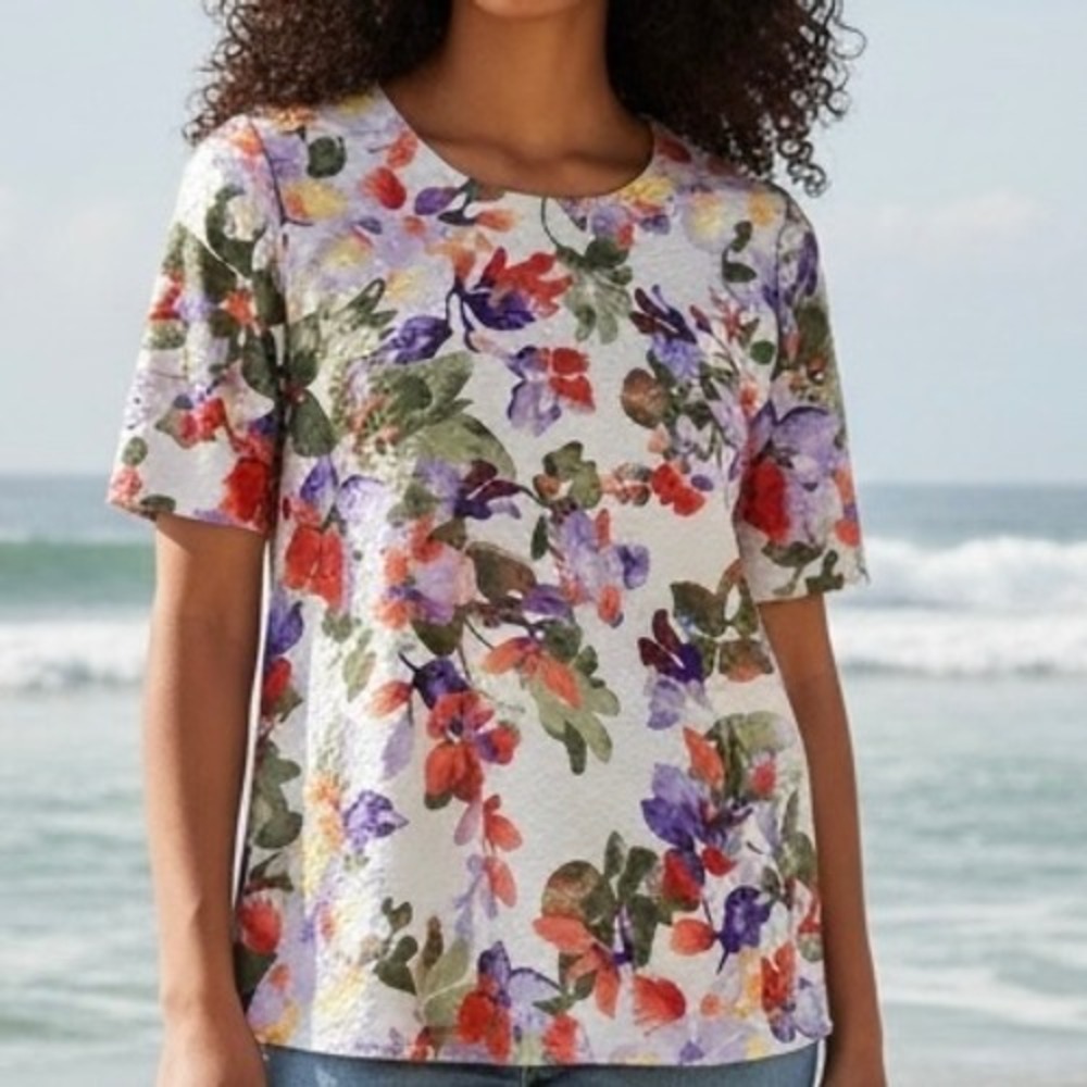 Chicos Floral Textured Short Sleeve Blouse Size 3/US XL16 Multicolor Top Summer